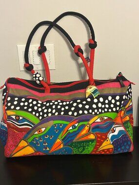 LAUREL BURCH Vivid Multi-Color Sky Spirit Birds Canvas Large Weekender Tote Bag